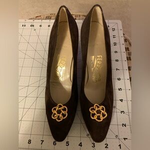 Salvatore Ferragamo 7 AA Dark Brown Heels with Gold Embellishment